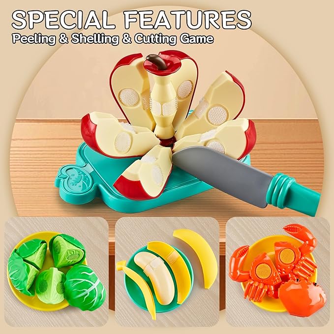 85Pc Pretend Play Food Sets for Kids Kitchen, Cutting toy food with 2 Baskets, Play Kitchen Accessories for Toddlers, Fake Food with Pizza Veggies Fruits, Kids Kitchen Toys, Boys Girls Gift.