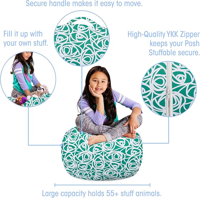 Posh Creations Kids Stuffed Animal Storage Bean Bag Chair Cover - Childrens Toy Organizer, Medium-27in, Canvas Roses Mint