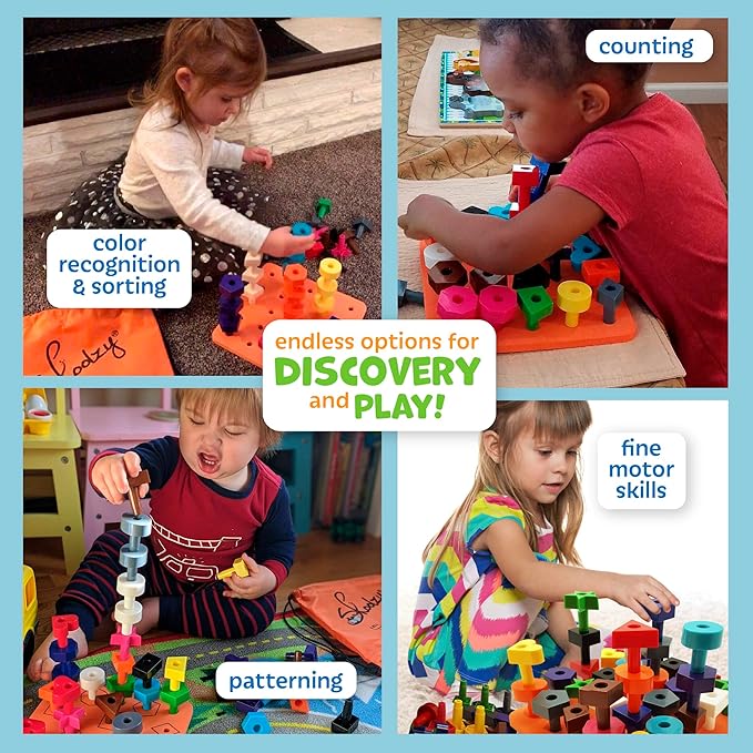 Skoolzy Toddler Peg Board 38 pcs with ebook - Pegboard for Toddlers - Stacking Peg Board - Color Matching & Shape Recognition Toy for Toddlers 3+