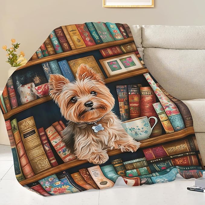 Yorkie Blanket for Boys Girls, Book Lover Flannel Throw Blanket, Fleece Soft Cozy Yorkshire Dog Blankets Gift for Women Men Couch Sofa Bed 60" x 50"