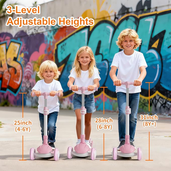 Kick Scooter Kids with LED Lighted Wheels and 3 Adjustable Height, Lean-to-Steer & Widen Anti-Slip Deck, 3 Wheel Scooter for Boys & Girls Up to 110 Lbs