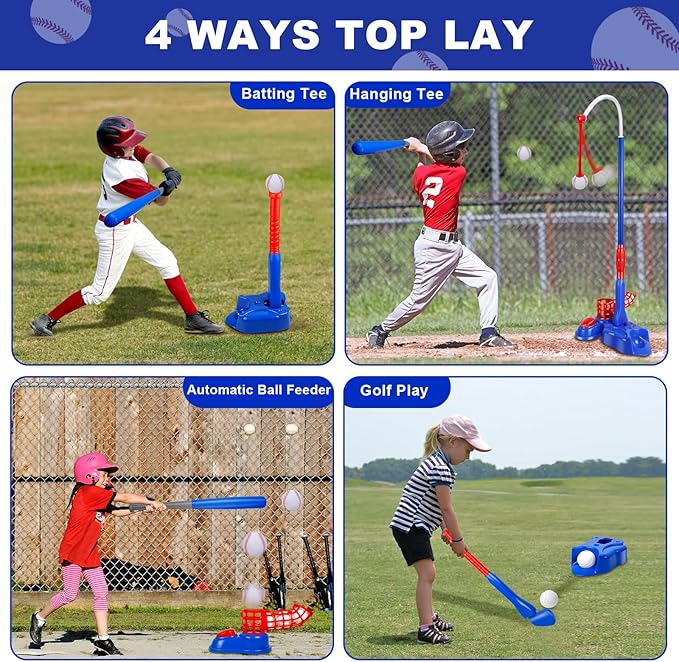 4-in-1 Tee Ball Set for Kids, Adjustable T Ball Set Stand with 6 Balls - Perfect Outdoor Toys for Boys and Girls, Indoor Outdoor Sport Gifts Baseball, Softball, Golf