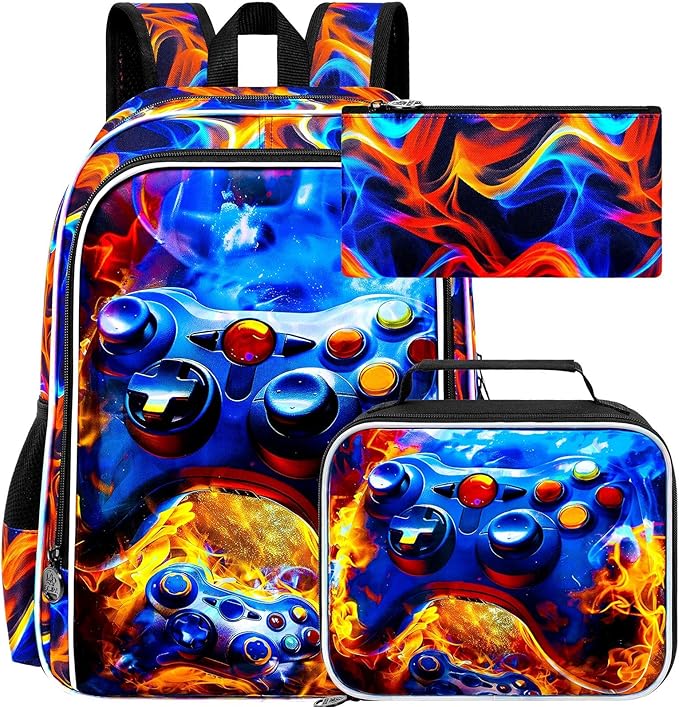 17" Gamer Backpack for Boy, 3Pcs Fire Bookbag for Elementary Preschool Kindergarten, Kids School Backpacks with Lunch Box (Red)