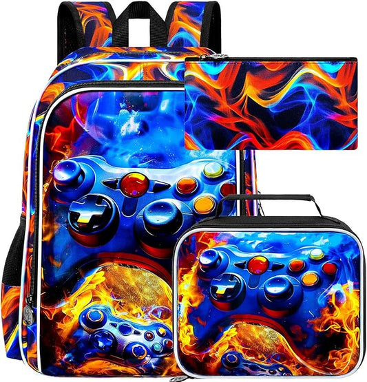 17" Gamer Backpack for Boy, 3Pcs Fire Bookbag for Elementary Preschool Kindergarten, Kids School Backpacks with Lunch Box (Red)