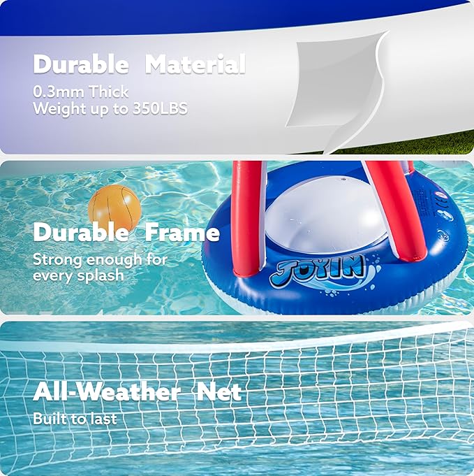 JOYIN Inflatable Pool Float Set Volleyball Net & Basketball Hoops, Balls Included for Kids and Adults Swimming Game Toy, Summer Floaties, Volleyball Court |Basketball,L-Red