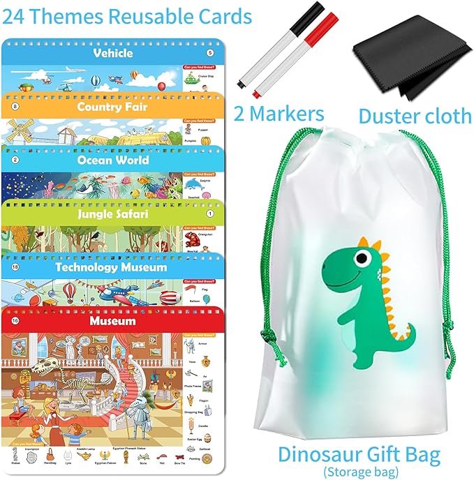 Search and Find Book for Kids Ages 4-6,3-8, Reusable Activity Pad with 24 Toddler Activities Books, Educational Toys for 3+ Year Old, Toddler Airplane Travel Essentials, Travel Toys for Kids 4-8