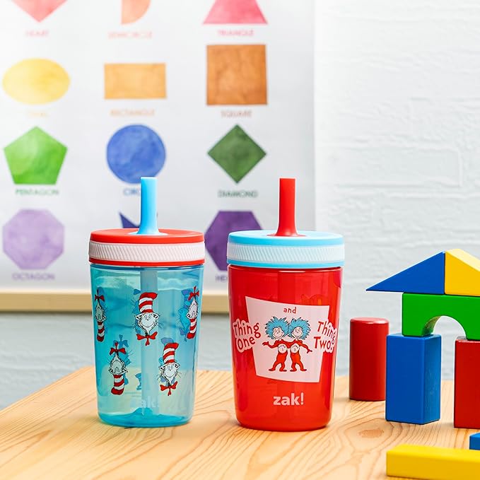 Zak Designs Dr. Seuss Kelso Toddler Cups For Travel or At Home, 15oz 2-Pack Durable Plastic Sippy Cups With Leak-Proof Design is Perfect for Kids (The Cat in the Hat)