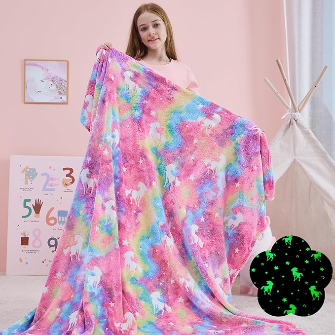 QSTEHEML Unicorn Glow in The Dark Blanket,Unicorn Gifts Toys for Kids Girl Age 3-12 Years Old,Birthday Gifts for Toddler, Teen,Christmas Birthday Bedroom Decor 50"×60"