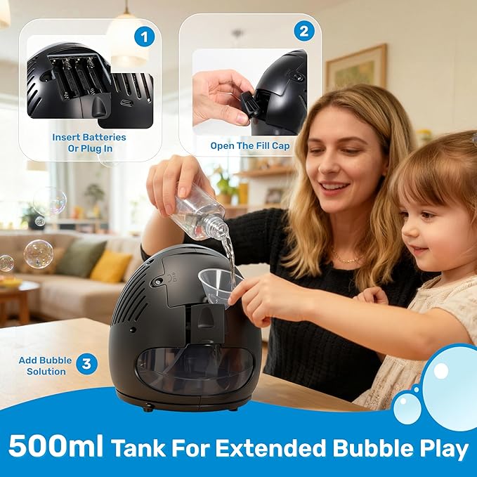 Play-Act Bubble Machine for Kids, Bubble Machine Blower with Solutions for Wedding, Summer Outdoor Indoor Toy, Party, Kids Birthday Gift