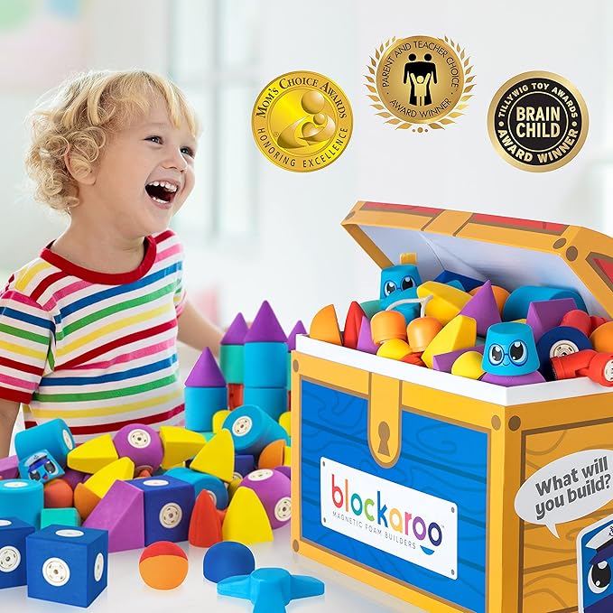 Blockaroo Magnetic Foam Building Blocks - 100-Piece Set with Storage Chest, Bath Toys for Toddlers, Preschool Toys, Sensory Toys, Blocks for Toddlers 3-5, Engineering Toys for Kids 3-5