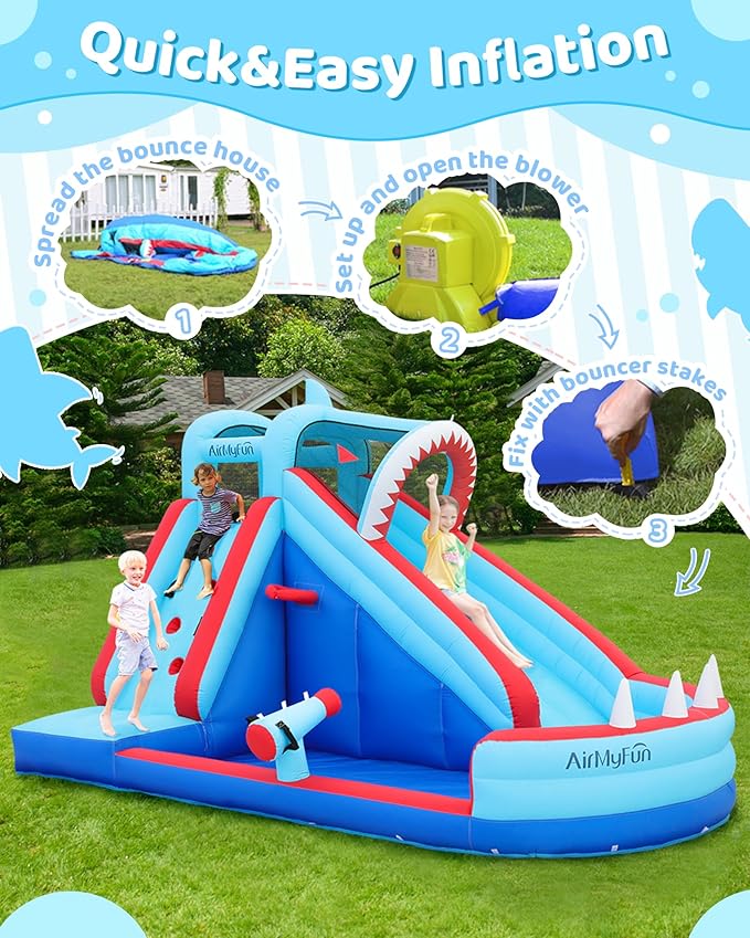 AirMyFun Bounce House, Sharks Theme Inflatable Bouncy House with Slide, Kids Bounce House Water Park with Water Slides Bouncer Castle with Splash Pool, Climbing Wall, Ball Shooting