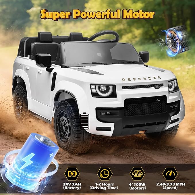 24V Licensed Land Rover 2 Seater Ride on Car for Kids, Battery Powered Electric Car Ride on Vehicle with Parent Remote Control, LED Light, Spring Suspension, Suitable for Aged 3-8, White