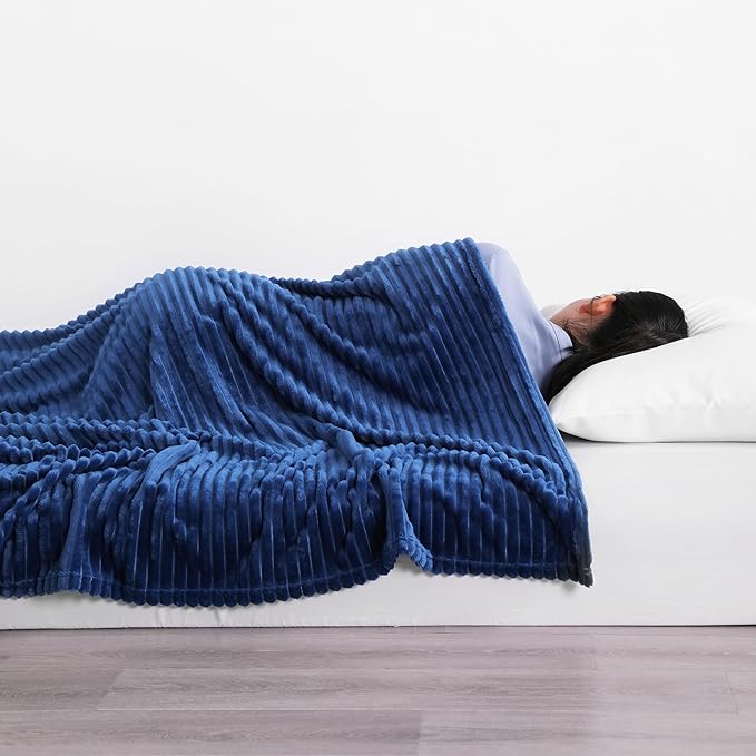 NTBAY Plush Flannel Twin Bed Blanket, 60x80 Inches Soft and Warm Lightweight Bed Blanket with Striped Texture for Couch, Sofa, All Seasons, Navy Blue