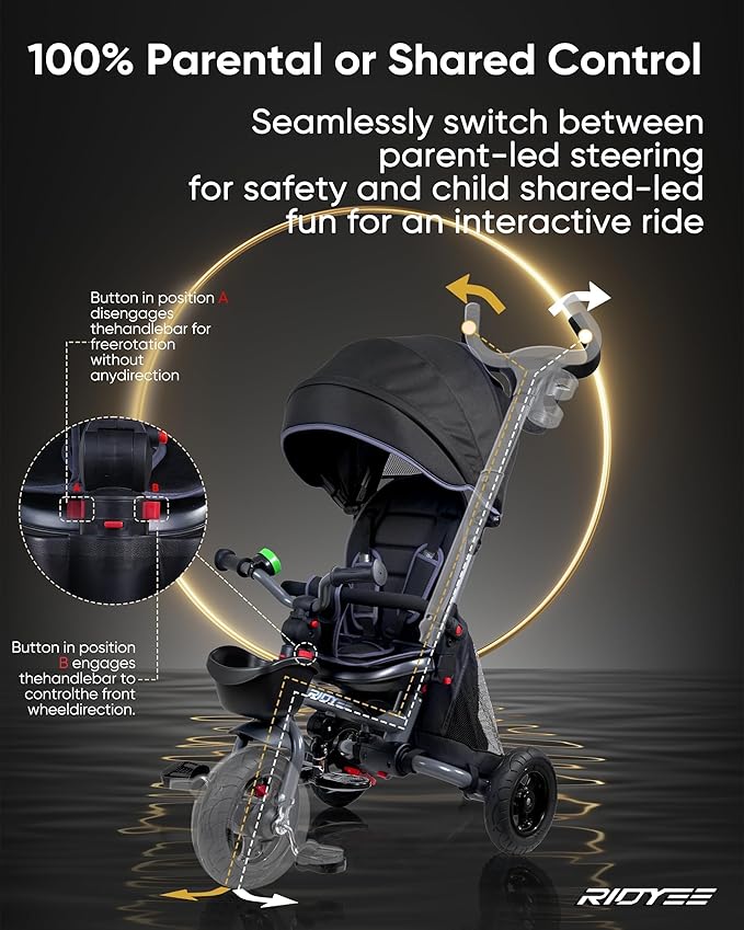 7-in-1 Folding Toddler Tricycle for 18 Months to 5 Years, Tricycle Stroller with Dual Brakes, All-Terrian Rubber Tire, Tricycle for Toddlers with Rotatable Seat, Adjustable Push Handle, Grey