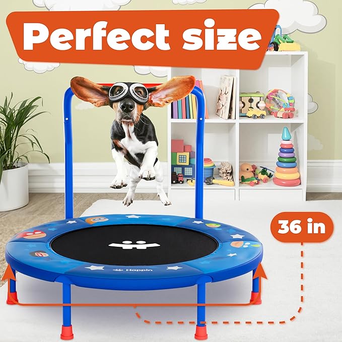 Happin® 36" Mini Foldable Toddler Trampoline for Kids with Height-Adjustable Handle, Noise-Free Kids Trampoline Indoor with Super Safety Pad & Durable Steel Frame, Indoor/Outdoor