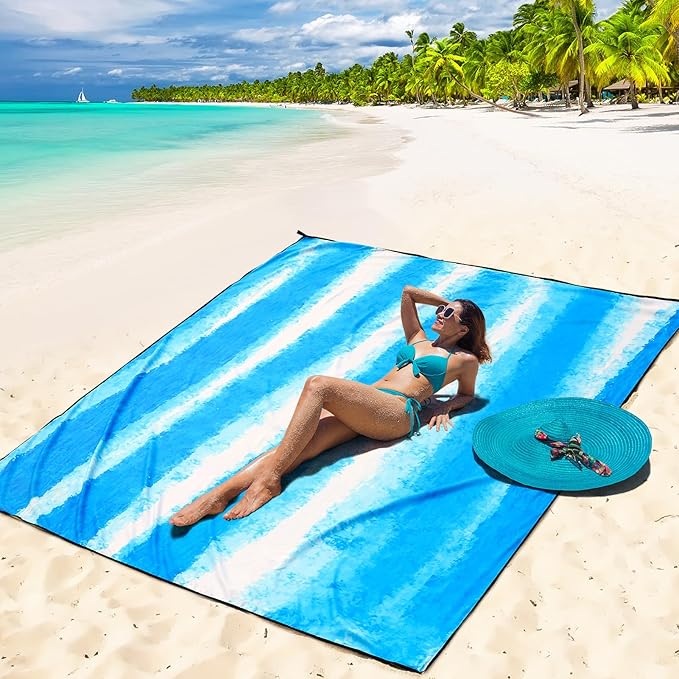 Beach Blanket Waterproof Sandproof Beach Mat 79" X 83"/10'x9'for 2-8 Adults Quick Drying Outdoor Picnic Mat Beach Accessories for Travel, Camping, Hiking