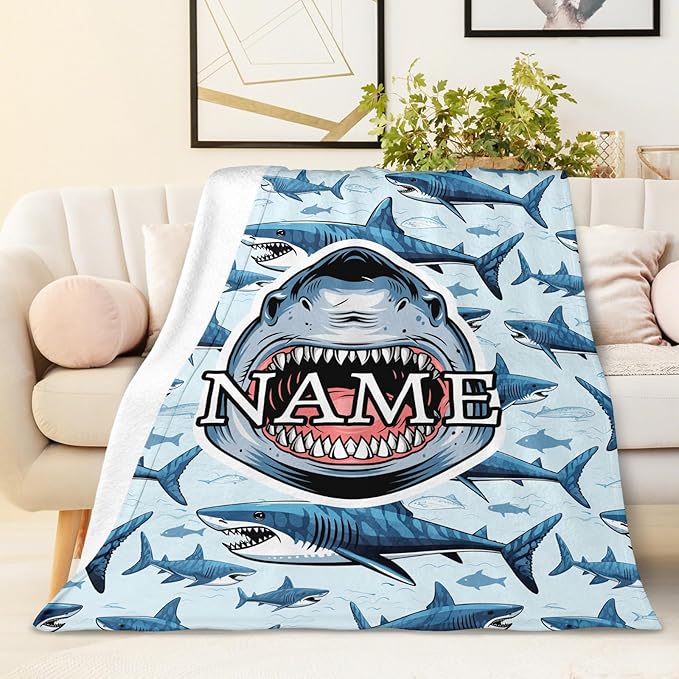 Custom Blanket for Kids Teens Boys Custom Shark Themed Stuff Throws Gifts, Personalized Plush Comfort Cozy 4 Sizes Throw for Sofa Couch Bed Office Travel Party Decor