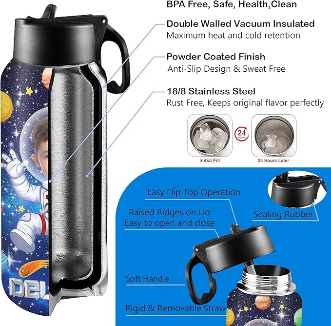 M YESCUSTOM Personalized Water Bottles for Kids with Straw Lid Custom Space Water Bottle for School Customized Name Stainless Steel Double Wall Insulated Cup Birthday Gifts for Boy Girl Style18