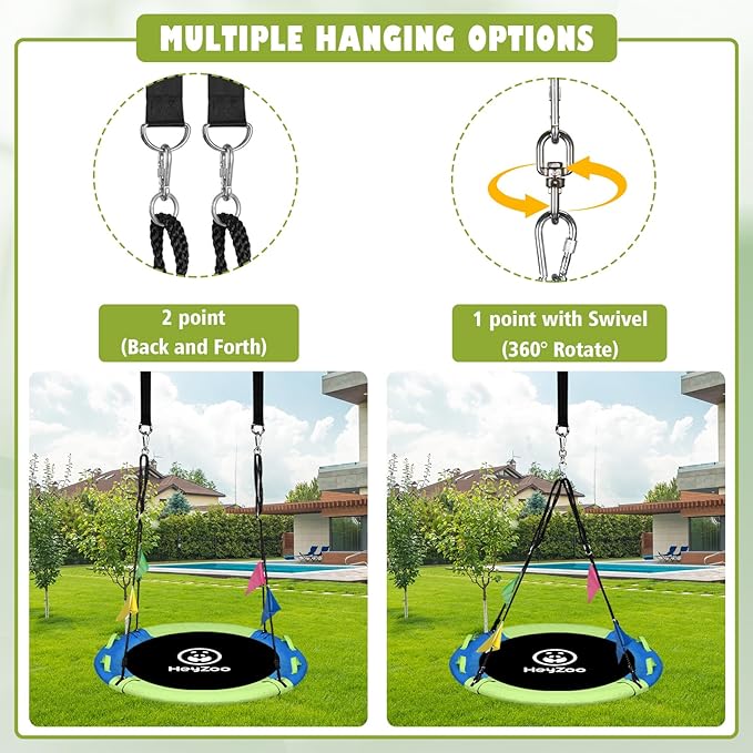 43 Inch Tree Swing, Saucer Swing Sets for Kids, Come with 360 Degree Swivel and Adjustable Hanging Strap, Green and Blue