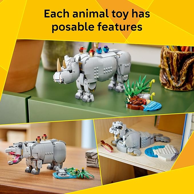LEGO Creator 3 in 1 Wild Animals: Majestic Rhino with Birds Building Toys for Kids - Safari Pretend Play Toys for Girls & Boys, Ages 9+ - Gift for Christmas - 31171