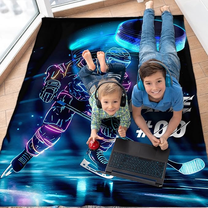 Custom Hockey Blankets for Boys, Cool Hockey Gifts for Kids, 50 x 40 Inches Warm Soft Throw for Hockey Lovers, Cozy Warm Flannel Throw Blanket for Bed Sofa Room Decor, Camping, Travel