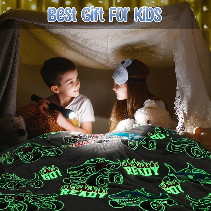 Monster Cars Gifts for Boys Girls - Trucks Glow in The Dark Blanket Toys for Birthday Christmas Valentines Easter Presents for Kids Toddler Age 2 3 4 5 6 7 8 9 10 11 12 13 Years Old Soft Throw 50"x60"