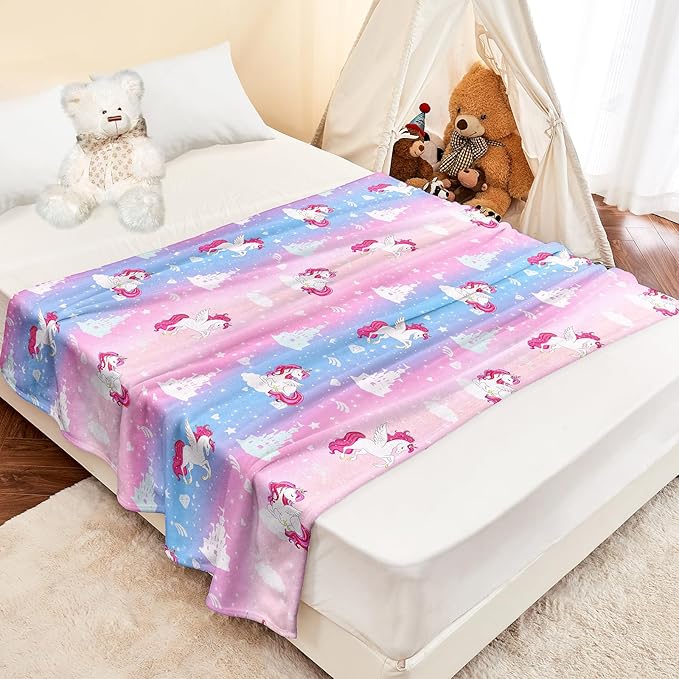 Wajade Kids Pink Unicorn Blanket for Girls,Soft Fleece Kids Blanket for Couch Sofa Bedroom, Unicorn Castle Clouds Throw Blanket for Kids,60"x80"