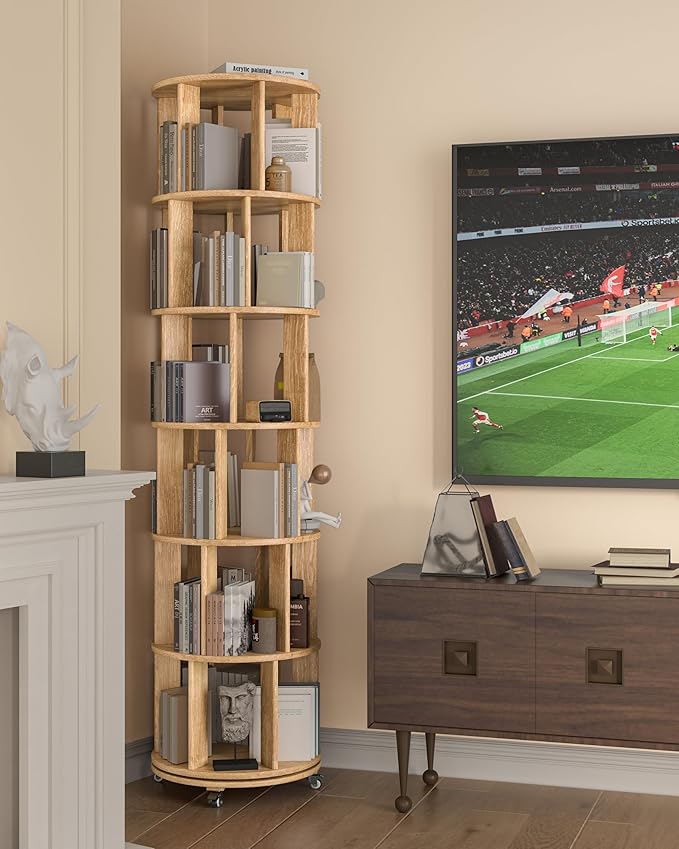 6-Tier Solid Wood Rotating Bookshelf on Wheels, 360° Spinning Book Shelf Tower, Round Revolving Bookcase Organizer, Rolling Bookshelves for Small Spaces, Corner, Bedroom, Kids Room, Office, Natural