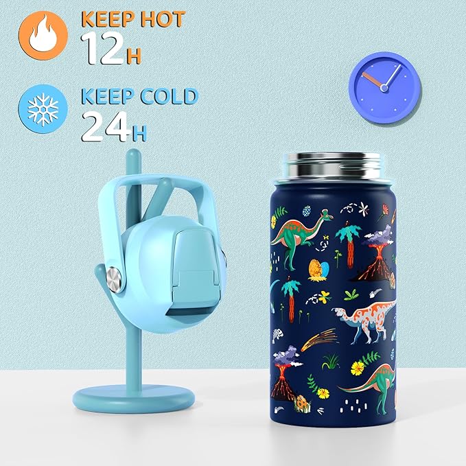 14oz Kids Insulated Water Bottle with Straw Lid - 18/8 Stainless Steel Kid Cup Travel Tumbler Double Wall Vacuum Leak Proof Portable Toddler Water Bottle (Dinosaur)