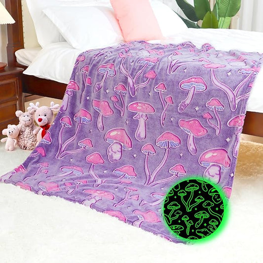 Mushroom Throw Blanket for Women - Purple Mushroom Themed Gifts for Girls, Nature Lovers - Glow in The Dark Cottagecore Bedding, Soft Fleece Plush Room Decor for Couch Bed Travel 50" x 60"