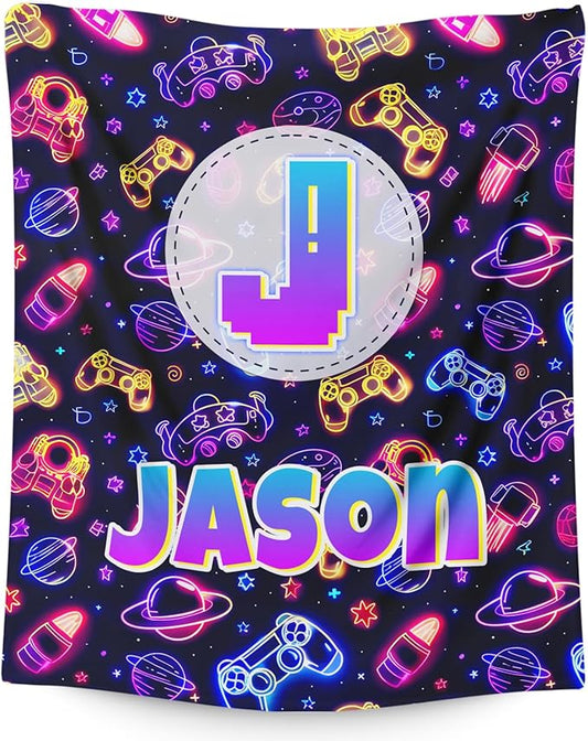 Game Gifts for Kids Toddler Teens, Personalized Throw Blanket with Name Initial Letter for Boys, Cute Custom Monogram Soft Fuzzy Blankets for Bed Couch Sofa Decor