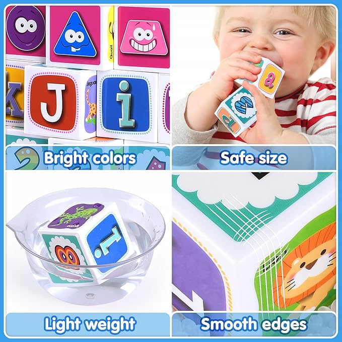 PLAY ABC Building Blocks for Toddlers 1-3, 28 PCS Plastic Baby Alphabet Letters Number Stacking Blocks Set, Preschool Learning Educational Montessori Sensory Toys Gifts for Kids Girls Boys