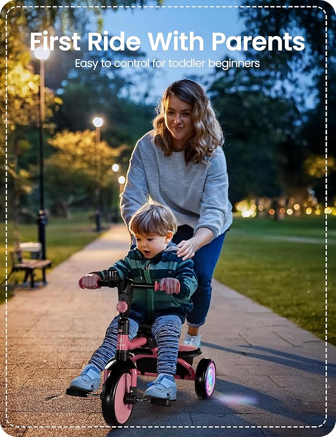 besrey Colorful Lighting Toddler Tricycle for Ages 18 Months to 5 Years, Toddler Bike with Bell, Kids Tricycle, Gift for 2-5 Year Olds, Toy for Boys and Girls, Tricycle for Toddlers, Pink