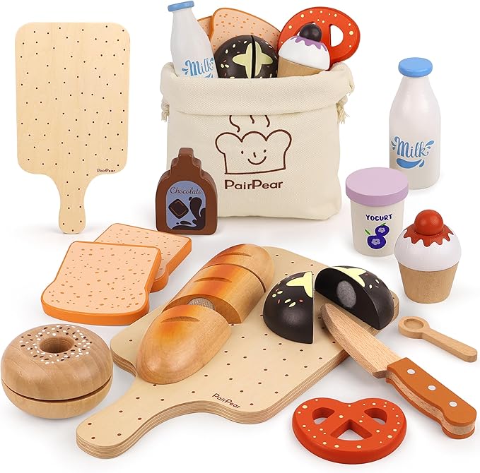 PairPear Wooden Bakery Toy Food Playset for Kids Kitchen, 22 PCS Play Food Kitchen Toys for Toddler 3+, Play Kitchen Accessories with Shopping Bag, Cutting Food Toys Gift for Boys and Girls