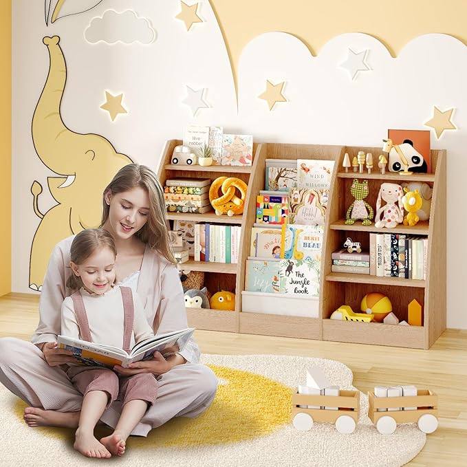 4 Tier Kids Bookshelf, 4 Layer Sling Kid Book Shelf for Kids Rooms, XXL Wood Children Bookcase,Baby Storage Book Rack,Toddler Bookshelfs, Book and Toy Organizer,Books Display Shelf Burlywood