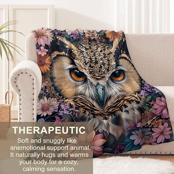Owl Blanket for Women, Kids, Adults - Flannel Throw with Flower Floral Design for Sofa, Couch, Bed - Soft Warm Cozy Decor, 50" x 40"