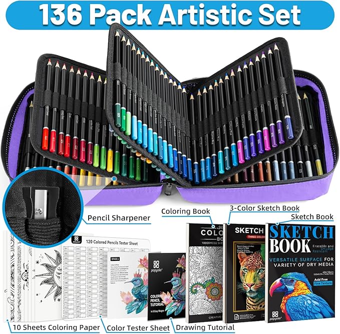 136 PCS Colored Pencils Set for Adult Coloring Books, 120 Colored Pencils with Sketchbook, Coloring Book, Sharpener, Soft Core Oil-Based Coloring Pencils for Artists Drawing Sketching Blending Shading