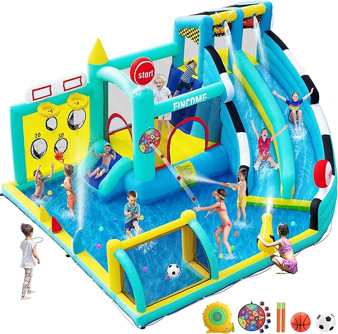 Bounce House Double Slides for Kids 3-10, Large Bounce Castle with Air Blower 550W, Pool, Jumping, Climbing, Balls, Ring Toss, Inflatable Water Park for Birthday Party Holiday Outdoor Indoor