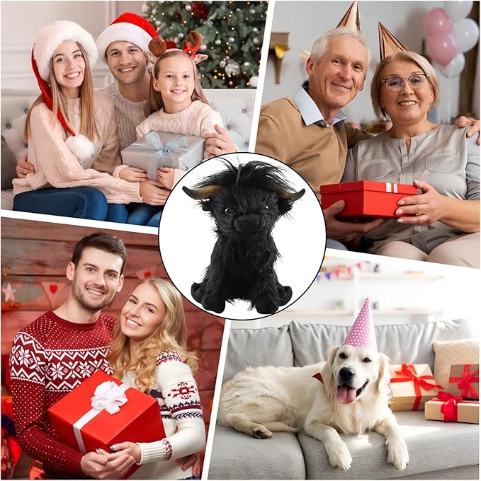 Highland Cow Fluffy Stuffed Animal, 10" Adorable Realistic Plush Toy Soft Cute Cow Plushie Home Decor Gift for Boys Girls Kids Teens Adults, Black