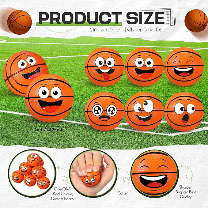 24 Pcs Mini Face Basketball Stress Balls for Boys Girls Face Fidget Toys Bulk Foam Balls for Stress and Anxiety Relief Balls for Party Favors Birthday Gift Decoration