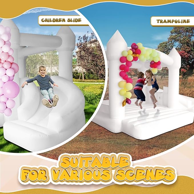 AKSPORT White Bounce House Inflatable Jumping Castle with Slide & Air Blower for Kids, Wedding & Birthday Parties, 17 * 11 * 10FT