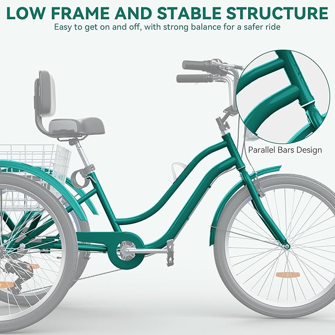 YITAHOME 24 & 26 Inch Adult Tricycle, 1 & 7 Speed 3 Wheel Bikes, Large Seat with Backrest Trike for Adults with Front & Rear Baskets, Cruiser Bike for Seniors Women Men Commute Picnic Outdoor