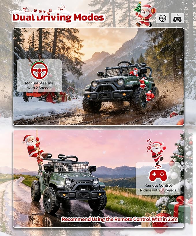 ELEMARA Ride On Car, Bluetooth Ride on Toys for Toddlers, 12V Kids Battery Powered Vehicles w/Remote, 3.5 mph Motorized Off-Road Truck, Electric Car for Kids w/3 Speeds,LED Lights- Olive