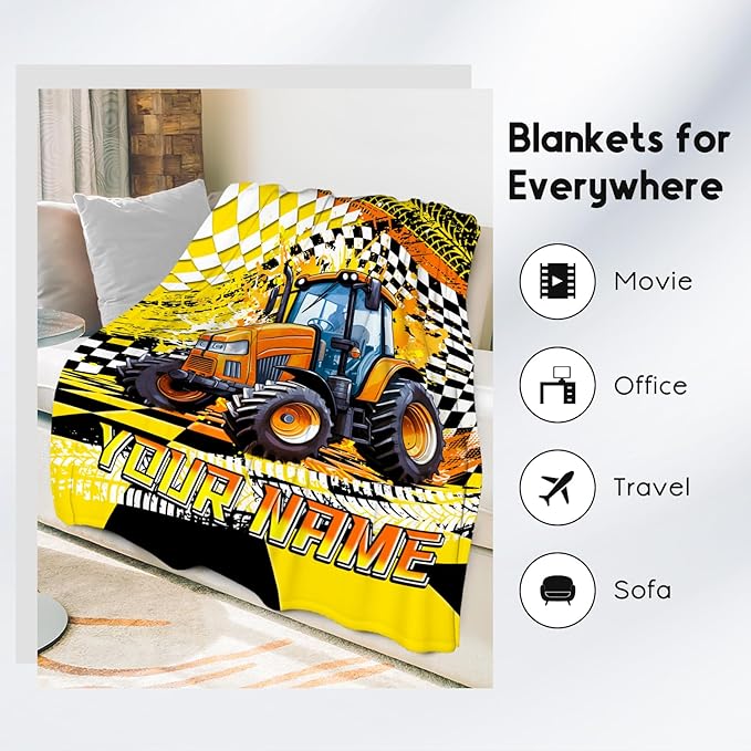 Custom Boys Blanket, Tractor Blankets for Kids Age 6-8, Personalized Car Gifts with Name, Cozy Fleece Throw for Couch & Sofa, 30"x40"