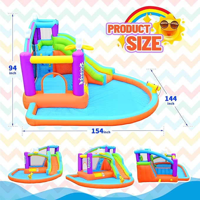 Inflatable Bounce House Water Slide for Kids, Rainbow Cloud Splash Pool, Indoor Or Outdoor Bouncy Castle, Climbing Wall, 2 Basketball Hoops, Included Blower (Orange, 154" L x 144" W x 94" H)