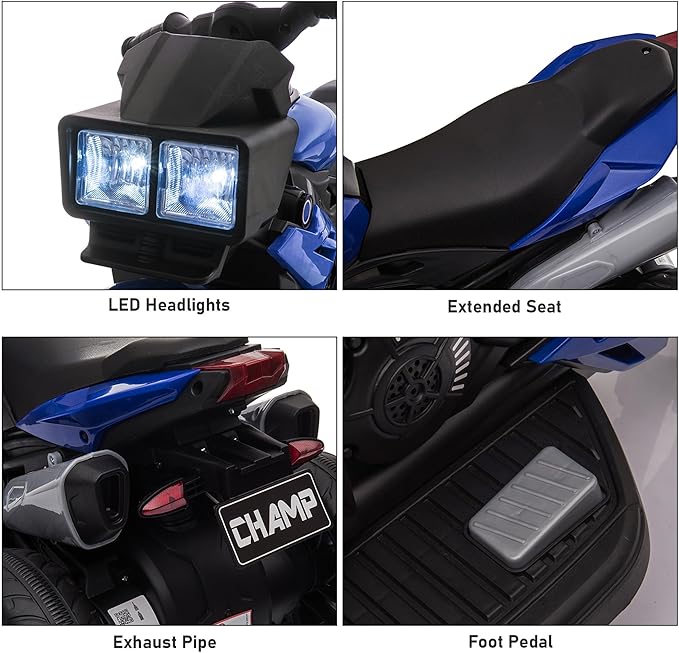 Aosom 6V Kids Motorcycle Toddler Ride-on Toy, High-Traction Battery-Operated Mini Electric Motorbike with Forward/Reverse Switch, Music, Headlights, Horn, Blue