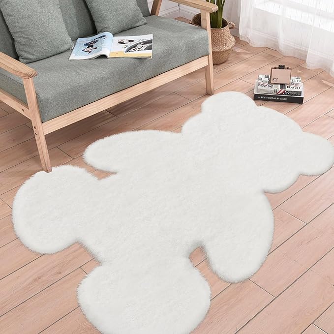 4.6x6 ft White Bear Soft Fluffy Large Rug, Shaggy Faux Sheepskin Fur Rug Fuzzy Shag Area Rug Cute Plush Carpet for Nursery Kids Girls Bedroom Room Aesthetic Living Room Floor Home Decor, White