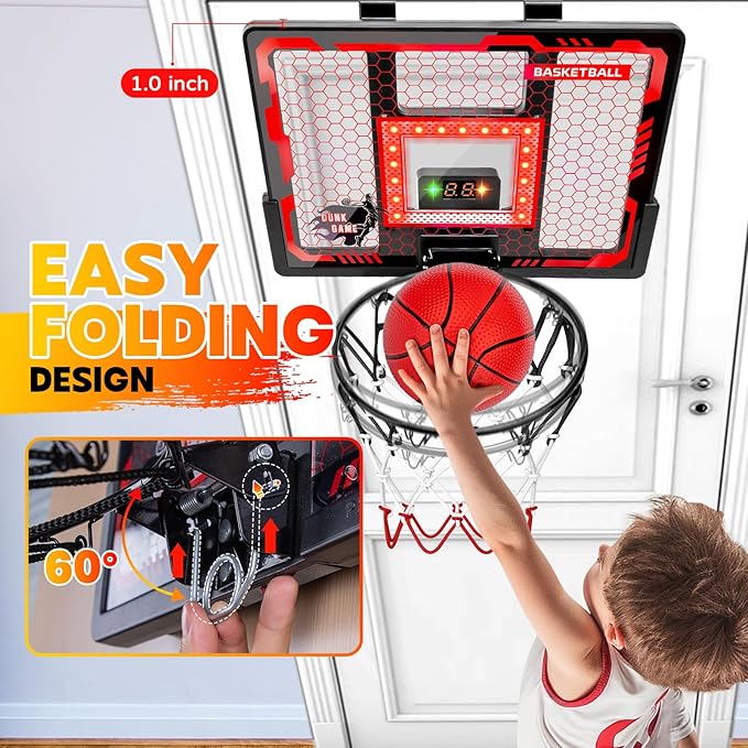 Indoor Basketball Hoop Pro, Mini Basketball Hoop Over The Door with LED Light/Scoreboard/4 Balls- Upgraded Anti-Impact Backboard, Basketball Toys Gift