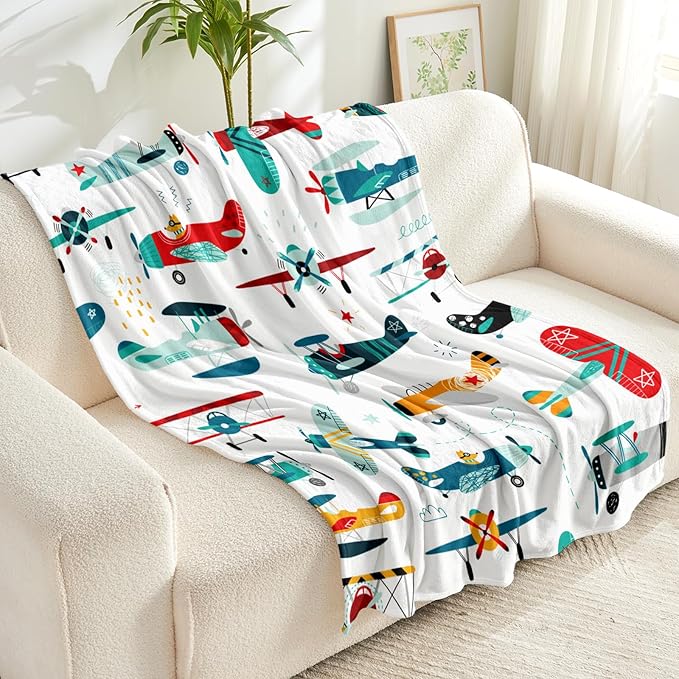 Wajade Airplane Blanket for Boys Soft Fleece Cute Aircraft Blanket for Couch Sofa Bedroom Fuzzy Flannel Blankets Birthday for Kids Boys 60"x80"