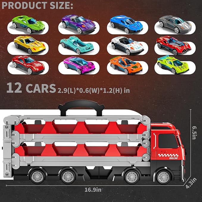 Cars Truck Set Transport Toy for Kids, Race Track Set with 12 Die-Cast Cars, Trucks Playset, 2-Tier Launching Tracks, Carrier Toy for Boys Girls Birthday Gifts for Boys Ages 1-3 2-4 3-5 4-7